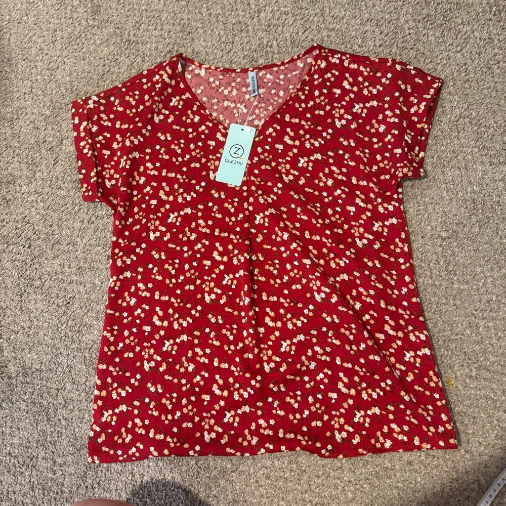 Red Floral V-Neck Top